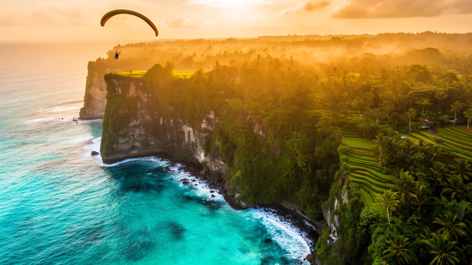 Aerial view of Bali coastline at sunset with a paraglider
