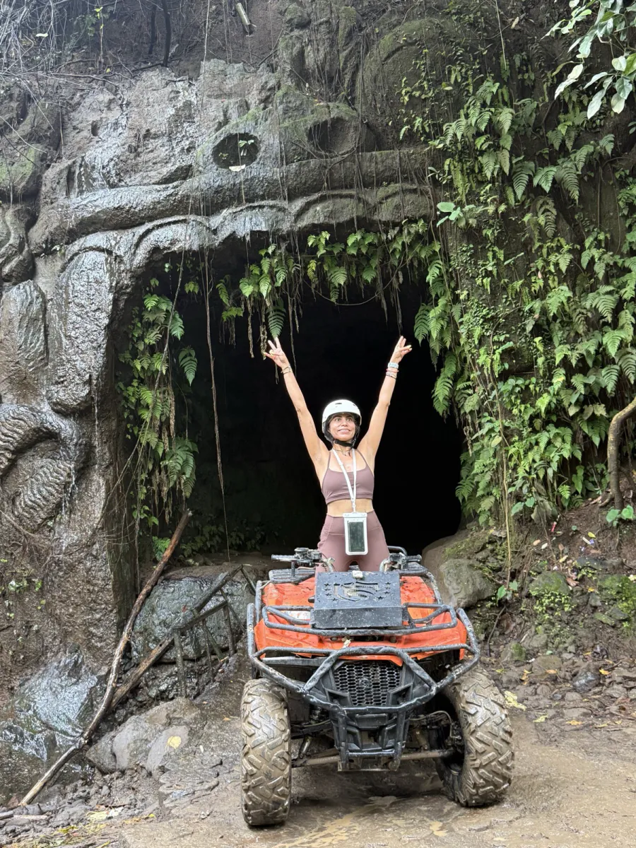 ATV ride to a carved stone cave entrance in Bali