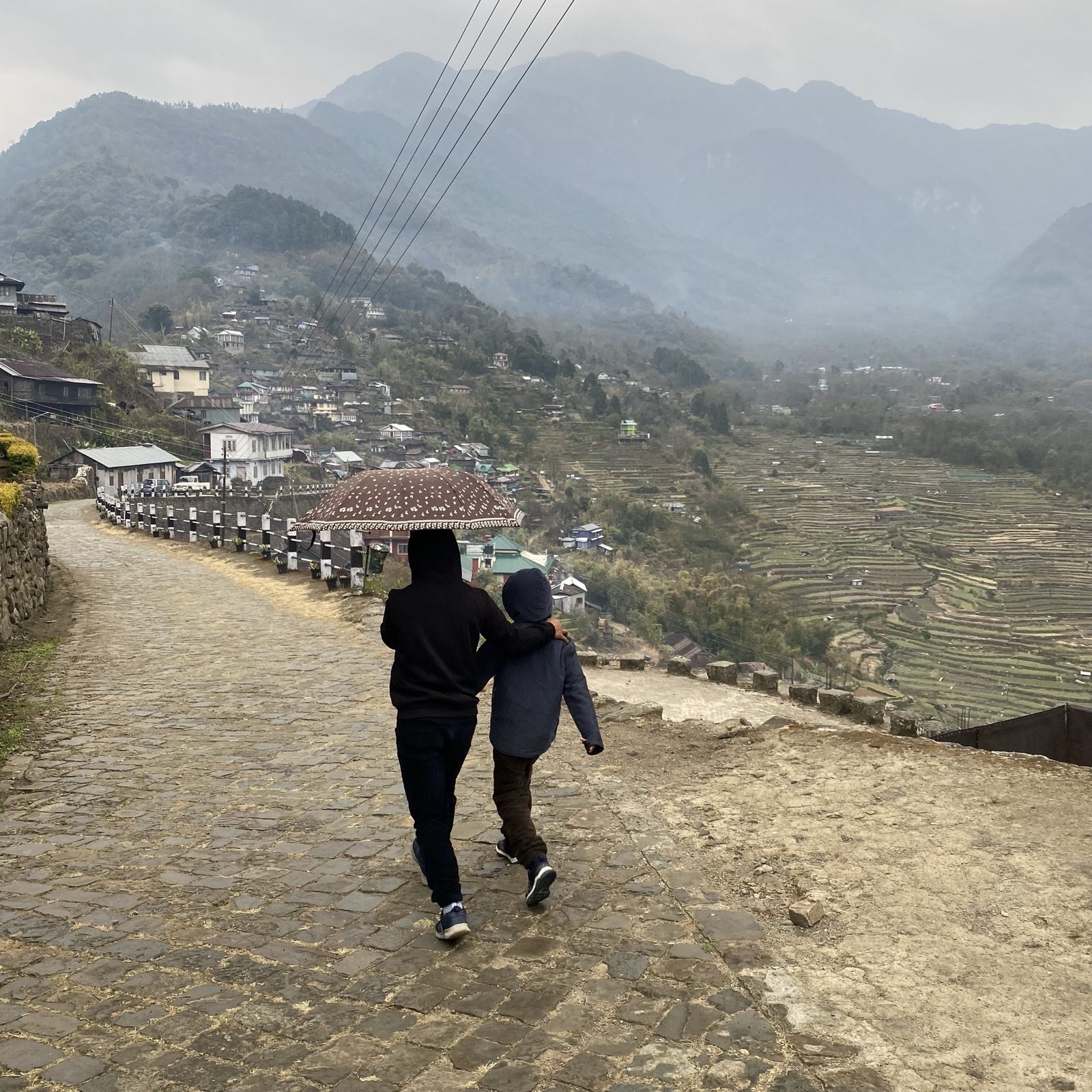 Children walking a village path above terraced fields, Nagaland