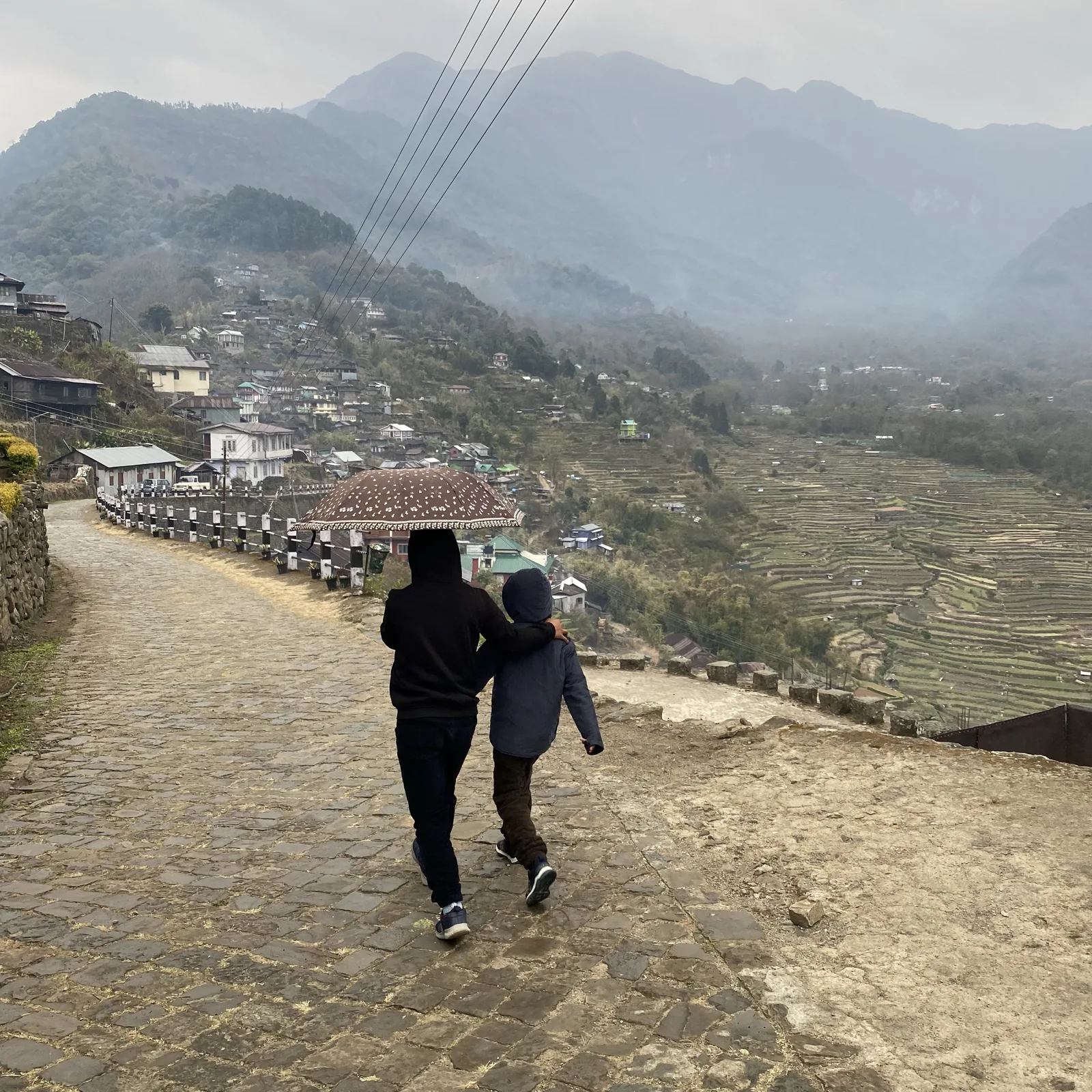 Children walking a village path above terraced fields, Nagaland